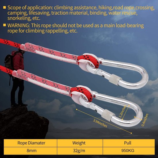 Professioneel nylon klimtouw, 8 mm veiligheidskabel met karabijnhaak, draaggewicht 950 kg, voor wandelen, bergbeklimmen, outdoor, sport, kamperen, speleologie