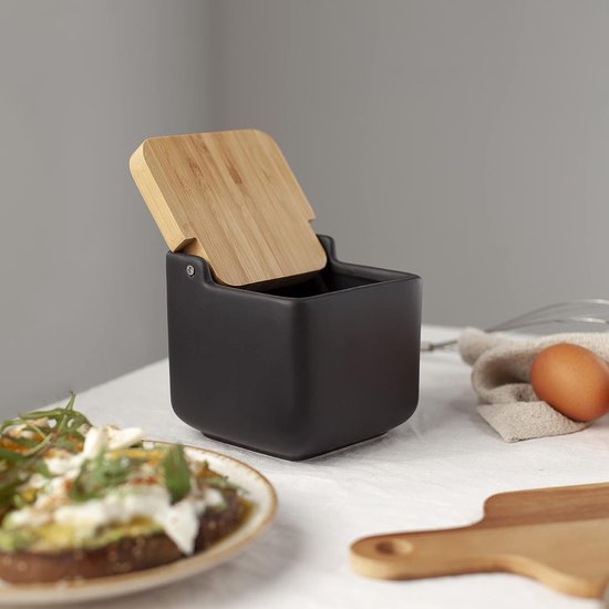 Zoutpot keramiek met klapdeksel van bamboe, praktische zoutpot en zoutcontainer voor de keuken, zoutvat keramiek met deksel, ideaal als zoutpot, zwart, 11,2 x 11,2 x 11,2 cm