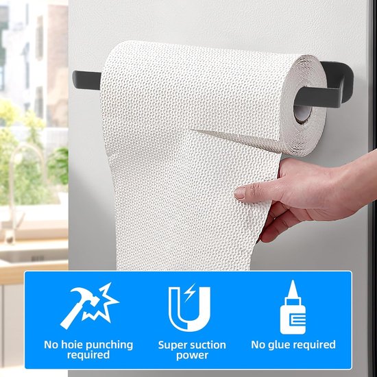 Keukenrolhouder magnetisch, keukenrolhouder zonder boren, keukenrolhouder zwart, magnetische rolhouder keuken, papierrolhouder voor koelkasten en magnetrons, metalen kast