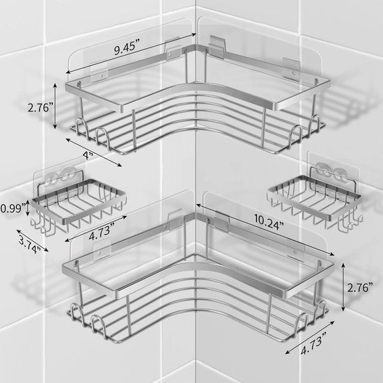 Douche- en badrekje, 2 grotere doucheplanken, 2 zeepschaalhouders en 8 haken aan de rand