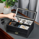 Horlogedoos voor heren, 4 horloges met glazen venster, horlogeopbergdoos, horlogekoffer met lade, cadeau voor mannen,echtgenoot, vriend, Zwart