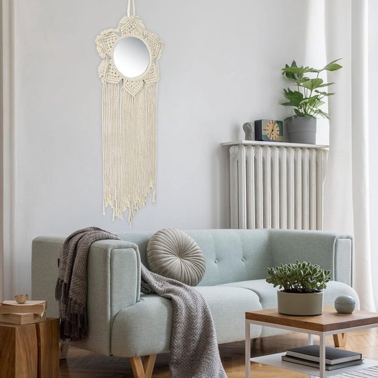 Macramé wanddecoratie, boho-spiegel, rond, dromenvanger voor de slaapkamer, met kwastjes, grote wandversiering, thuis, ornament voor vrouwen en moeders.