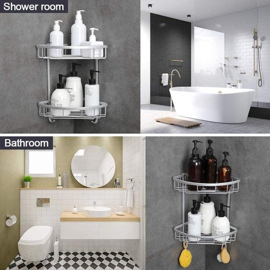 Doucherek zonder boren badkamerrek roestvrij, zelfklevende accessoires zonder stansen aluminium Geef een zeepkist 2 etages zilver