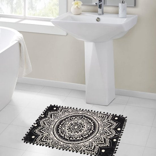 Kleine badkamertapijten Mandala zachte deurmat met pompomfranjes kleedjes antislip pluizig tapijt voor entree bad wastafel slaapkamer (zwart, 60 x 90 cm)
