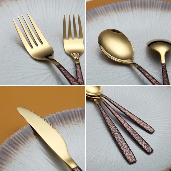 Bestekset, 30 stuks, met maanoppervlak, handvat en glanzende gouden mond, titanium coating, roestvrij staal, moderne bestekset, gebruiksvoorwerpen, set servies voor 6 stuks