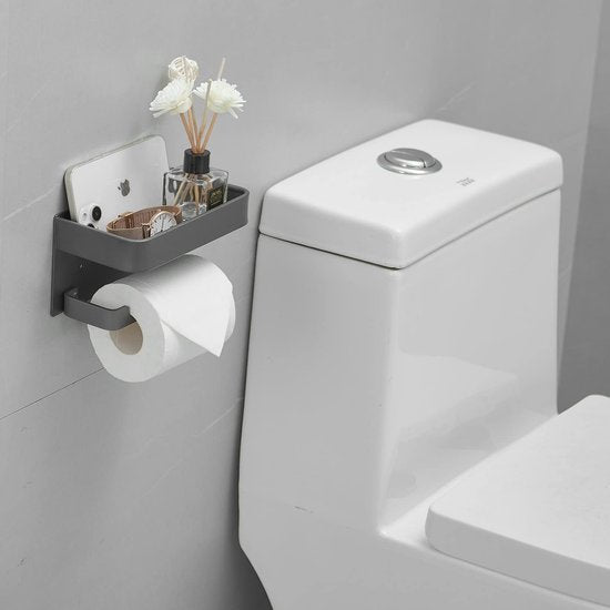Badkamerrolhouder met plank Zwarte afwerking Hoekopslag Zelfklevende houder voor kleine gadgets Aluminium