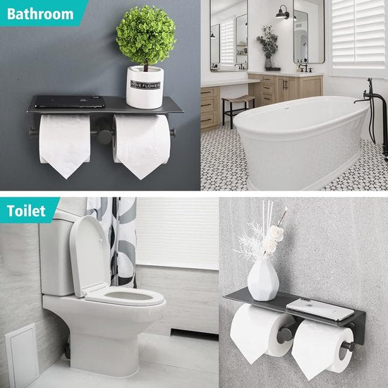 Toiletpapierhouder zonder boren, wc-papierhouder met plank, zelfklevende wandmontage, aluminium dubbele toiletrolhouder, wc-papierhouder, papierrolhouder voor badkamer, 31 cm, grijs