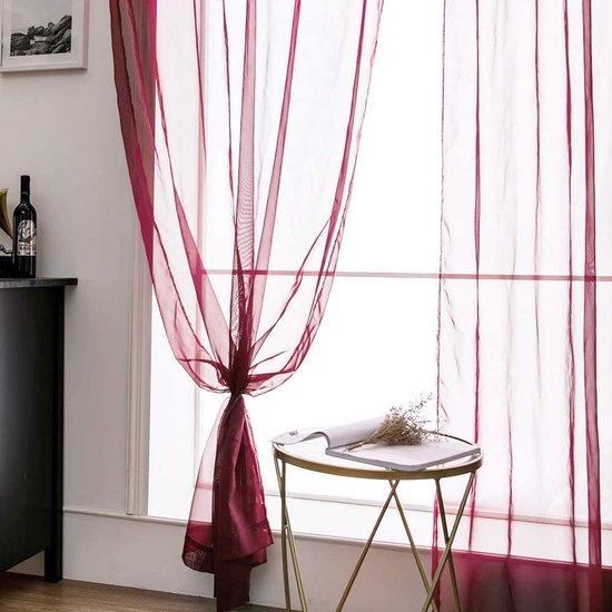 Voile gordijn transparant gordijn van voile eenkleurig stangdoorgang transparant woonkamer luchtig deco-gordijn voor slaapkamer set van 2 280 x 140 cm (h x b), Rod Pocket rood