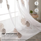 Gordijnen vitrage linnenlook transparant decoratieve sjaal gordijnen met bladeren met oogjes, 175 x 140 cm (hoogte x breedte), linnen + bruin, set van 2