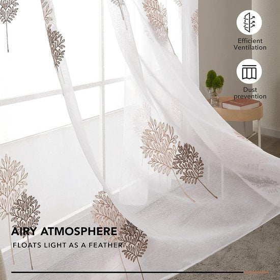 Gordijnen vitrage linnenlook transparant decoratieve sjaal gordijnen met bladeren met oogjes, 175 x 140 cm (hoogte x breedte), linnen + bruin, set van 2