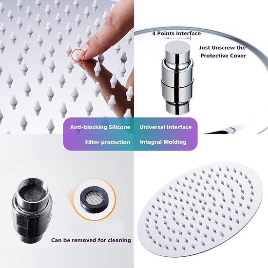 Douchekop regendouche, 20 cm regendouche, douchekop 304 roestvrij staal, ronde douchekop met antiblokkerende silicagel