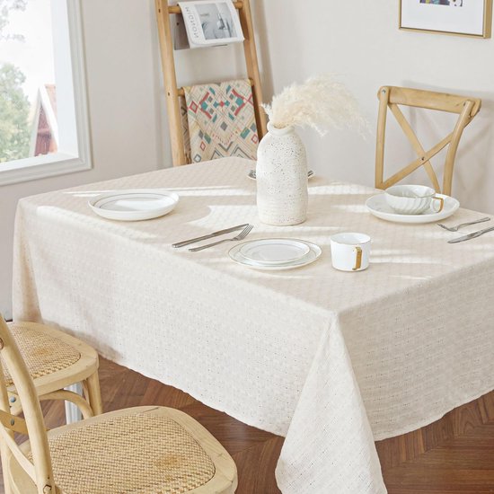 linnen tafelkleed Boho geruit opengewerkt tafelkleed moderne decoratie voor bruiloft 1 stuk tafelkleed beige verjaardag linnenlook tafellinnen keuken 130 x 240 cm