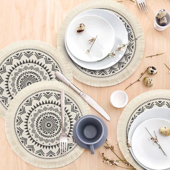 Placemats Set van 4 ronde geweven placemats onderzetters hittebestendige placemats antislip onderzetters voor keuken eetkamer bruiloft boerderij tafeldecoratie (zwart)