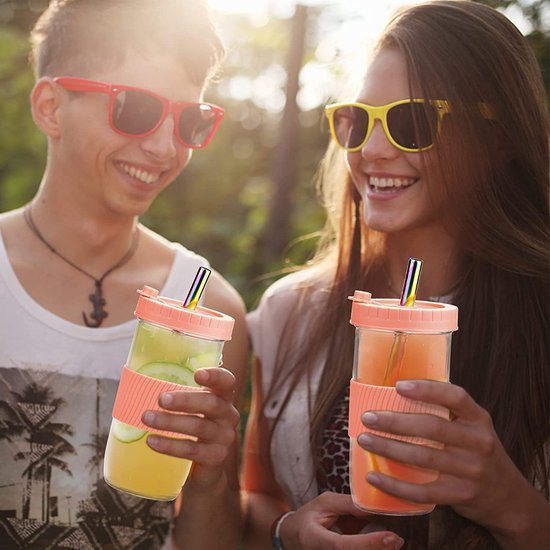 Set van 2 drinkglazen met spatvast deksel en rietje, herbruikbare inmaakglas, drinkbeker, bubble theebeker, Mason Jar glas voor dranken, smoothie, beker, cocktailglas, beker, 730 ml