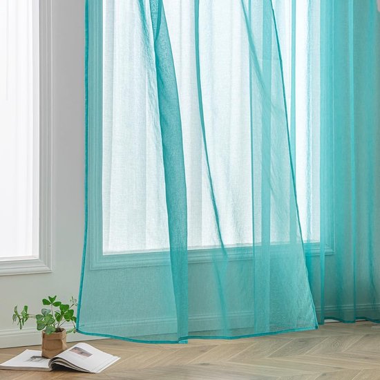 Gordijnen met ruchesband, korte voile raamgordijnen, woonkamer, transparante vitrages, winkelgordijn, slaapkamer, moderne lusgordijnen, set van 2, 140 x 225 cm (b x h), turkoois
