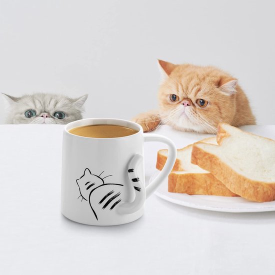 Kattenmok, koffiekopje, theekopje met deksel en lepel, keramiek met schaduw kattenmotief 3D-start, cadeau voor kattenliefhebbers, kattenbezitters, collega's, vriendinnen, kinderverjaardag