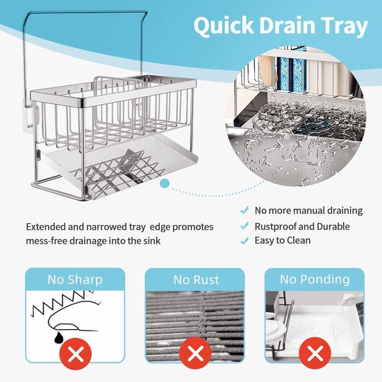 Organizer voor keukenspoelbak, sponshouder voor keukenspoelbak van roestvrij staal roestvrij, zonder boren