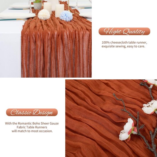 Tafellopers van terracotta, rustieke tafelloper van gaas, 55 x 180 cm, kaasdoek, boho-tafelloper, bruiloft, tafelkleed voor bruiloftsfeest, bruidsfeest, tafeldecorati