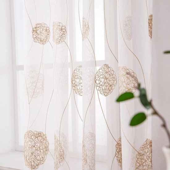 Pure voile bloemenborduurgordijnen met oogjes, transparant gordijn, 2 stuks, ooggordijn, gaas, paar sjaals, raamgordijn voor woonkamer, slaapkamer, set van 2