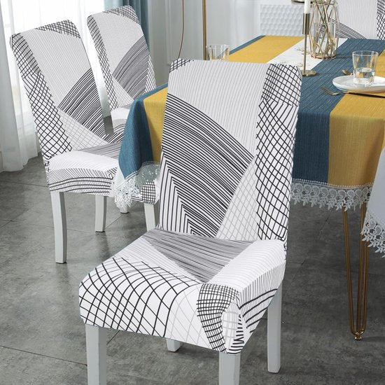 Jaotto - Universele stoelhoezen, stretch stoelhoezen - set van 6 moderne stoelhoezen - elastische duurzame stoelhoezen voor eetkamer decoratie - Wit Geo, 6 stuks