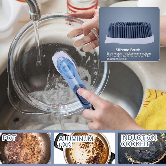 Afwasborstel met afwasmiddeldispenser, reinigingsborstel met 4 verschillende reservekoppen, keukenreinigingsborstel met 27 cm steel voor servies, potten, keukenspoelbakken reiniging