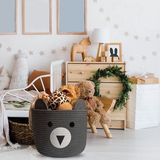 Opbergmand voor kinderen, babyspeelgoed, katoenen touw, gevlochten wasmand, klein, opvouwbaar, kinderkamer, decoratie, mand, grijze beer (28 x 28 x 24 cm)