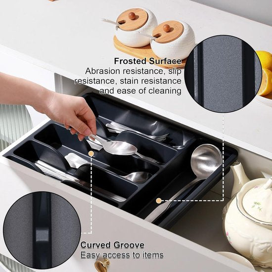 Bestekbak met 6 vakken voor laden, kunststof bestekbak, BPA-vrij en lade-organizer met matte afwerking voor bestek in de keuken, eetkamer, slaapkamer, zwart