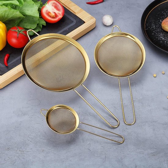 Gold Fine Mesh Zeef 3-delige set, Golden Flour zeef om te bakken, roestvrij stalen clander, gouden matcha theezeef, sausscheider, Stasher zeef