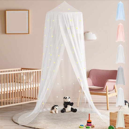 Baldakijn kinderkamer, 6 kleuren, zonder boren, tule, met stevige ring, ring wordt in stof gestoken, zoomlengte ca. 270 cm, voor kinderkamer, speelkamer enz., transparant met sterren