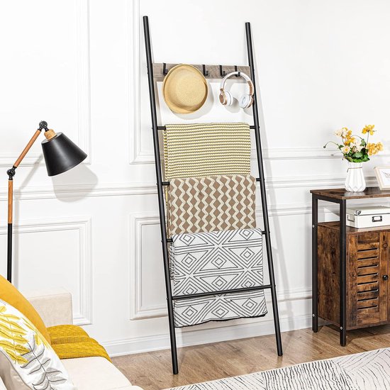 Towel Ladder, Towel Rack, Towel Rack, Clothes Rack, 5 Removable Hooks, 60 x 177 cm, for Bath Towels, Clothes, Blankets, Newspapers, Space Saving, Sturdy, Industrial Style EBG60CJ01