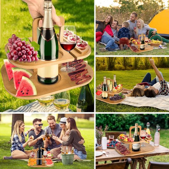 Draagbare picknicktafel, inklapbare wijntafel, campingtafel, wijnflessenhouder met dienblad, houten wijnflessen en glashouder, hout, outdoor tafel, klein, voor tuin, outdoor, camping, picknick, strand