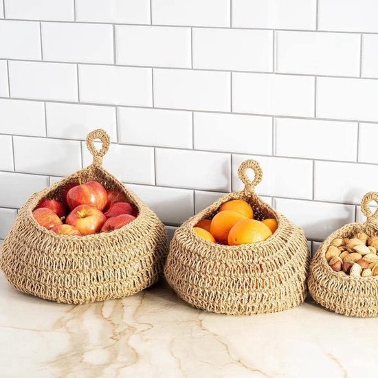 3-delige boho hangende mand, een van de hangende mand voor het bewaren van verse producten, groentecontainer voor aardappelen, uien, knoflook
