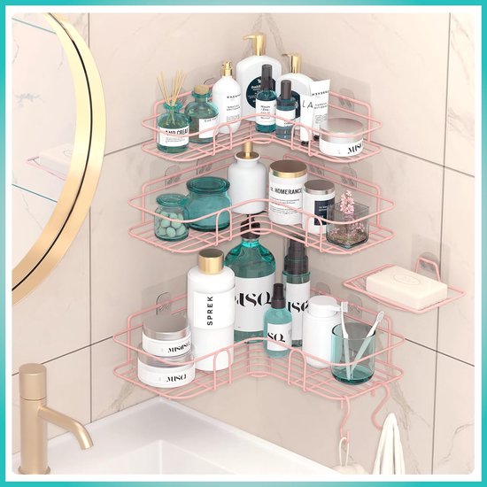 Roze doucheplank zonder boren, shampoohouder voor douche, 4-delige badkamerrekset, roestvrij staal, hoekdoucheplank met 2 haken en zeepbakje voor toilet en slaapzaal