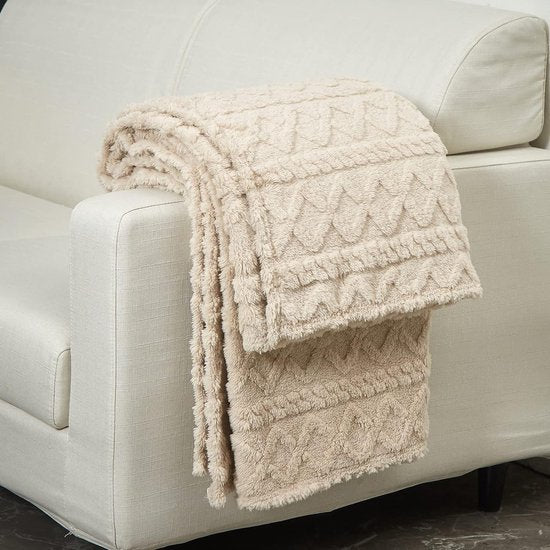 Knuffeldeken, 150 x 200 cm, woondeken, lamsdeken, wollige zachte sofadeken, fleecedeken, warme knuffeldeken voor bed, bank, beige