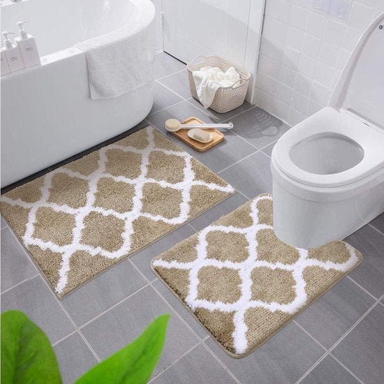 Antislip badmatset, 2-delig, zacht, hoogpolig, badkamer-wc-tapijtset, microvezel, badmatset, 2-delig, beige