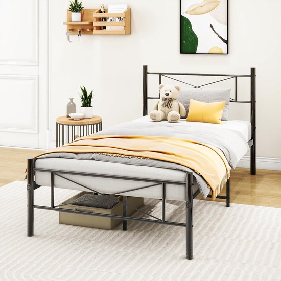 Metalen bed met lattenbodem, bedframe met hoofdeinde, eenpersoonsbed, gastenbed, eenpersoonsbedframe, 90 x 200 cm, zwart