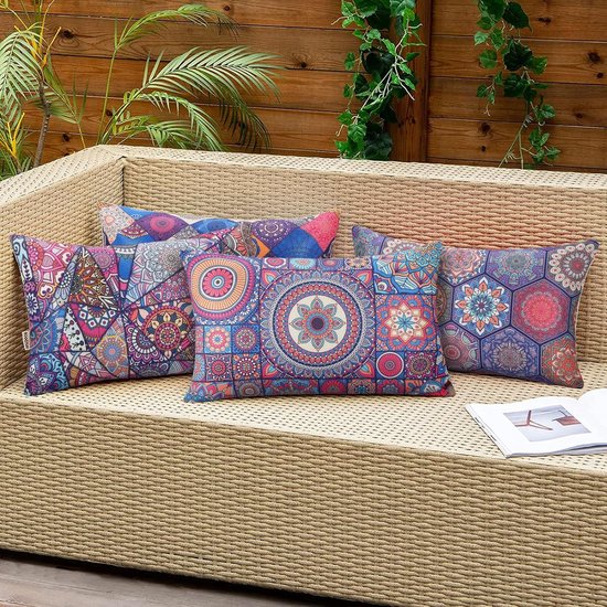Pack of 4 Waterproof Cushion Covers Cotton Linen 30 x 50 cm Waist Pillowcase Sofa Cushion Retro Mandala Cushion Cover for Home Sofa Outdoor Garden Living Room Bedroom 12 x 20 Inches
