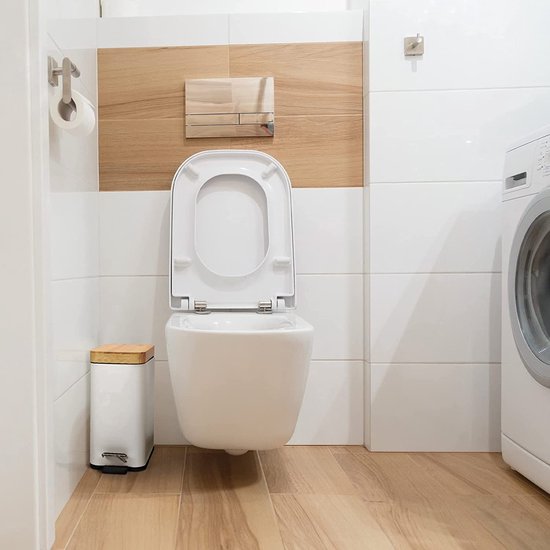 Cosmetica-emmer, badkamerafvalemmer met bamboedeksel, slanke kleine vuilnisemmer met softclose-mechanisme en uitneembare binnenemmer voor badkamer, slaapkamer, kantoor (wit)