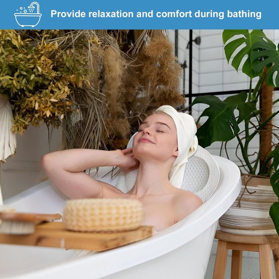 Badkussen, hoofdsteunbad met 4D Air Mesh-technologie, badkussen nekkussen met 6 zuignappen, comfortbadkussen voor hoofd, nek, schouders, rug voor home spa, wit