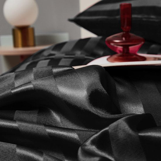 Satijn beddengoed 200 x 200 cm zwart - zijdeglans gestreept beddengoed set 3-delig hoogwaardig luxe dekbedovertrek met verborgen ritssluiting en 2 kussenslopen 80 x 80 cm, zwart