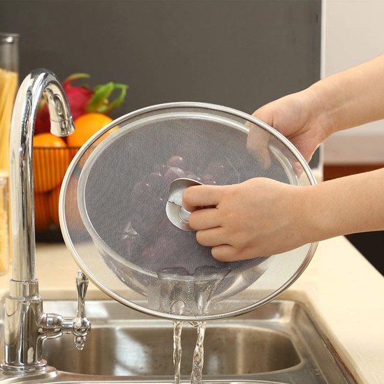 Roestvrijstalen spatbescherming, multifunctioneel spuitnet met klapgreep voor bescherming tegen olie, kan op elke pot of pot geplaatst worden (2 stuks)