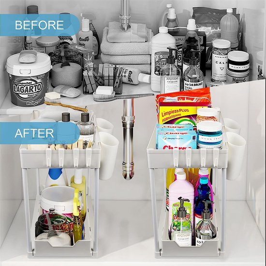 Wastafelrek, 2 verdiepingen keukenrek, organizer, multifunctioneel opbergrek, onderkast, spoelkastrek, afneembaar, badkamerorganizer, 40 x 22 x 33 cm (wit)