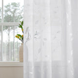 woonkamergordijnen, transparante voile gordijnen met oogjes, set van 2, H 245 x B 132 cm, linnenlook gordijnen met borduursel, wit transparant gordijn met bladmotief
