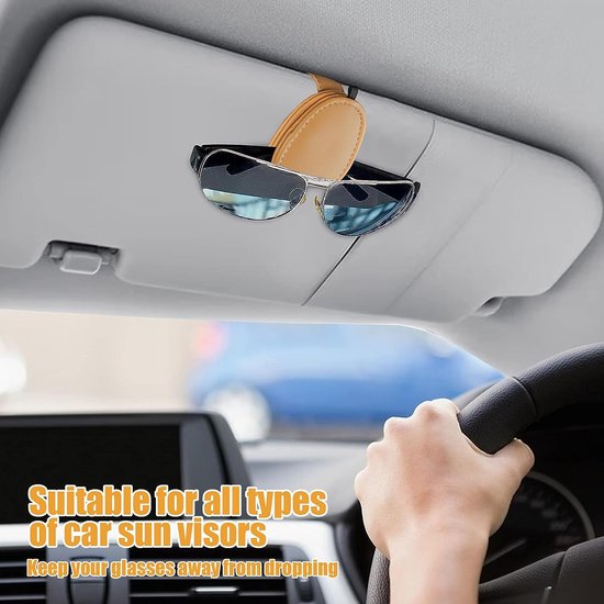 Brillenhouder voor in de auto, 2-pack lederen zonnebrillenhouder Universele zonnebril Brillenhouder met kaartkaartclip voor autovizier Kleine brillenhouder (beige-geel)