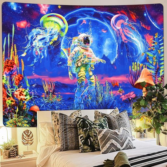 Wandtapijt astronaut op de zeegrond, psychedelisch melkwegstelsel heelal wanddoek, kwallen planten wandtapijt, esthetisch trippy tapijt, woondecoratie voor slaapkamer 210 x 150 cm