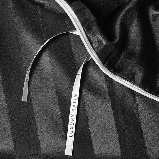 Satijn beddengoed 200 x 200 cm zwart - zijdeglans gestreept beddengoed set 3-delig hoogwaardig luxe dekbedovertrek met verborgen ritssluiting en 2 kussenslopen 80 x 80 cm, zwart