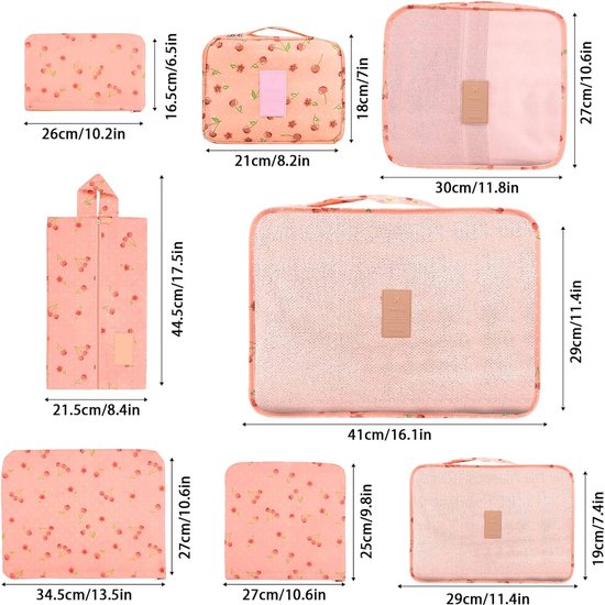 Packing Cubes Kofferorganizer, 8 stuks, kofferorganizer, pakzakken, pakzakken met schoenenzak, waszak, reisorganizer, kledingtassen voor rugzak (roze)