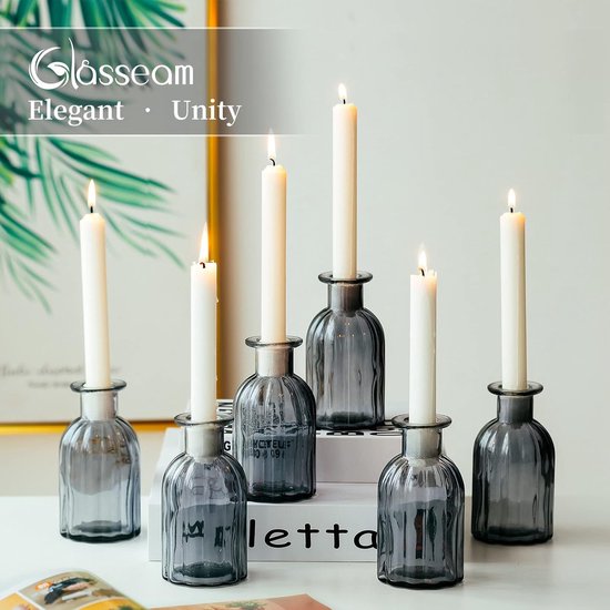 Kleine vazenset, glazen vaas, 6 stuks, mini-bloemenvaas, grijs, vintage, glas, rond, glazen vazen, flessenvaas, kleurrijk, klein geribbeld, tafelvaas, vazenset, glazen fles, decoratie voor