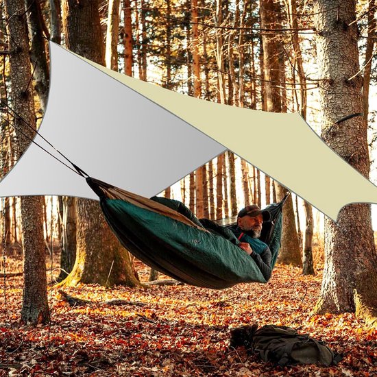3x3M waterdicht, campingzeil tentzeilen met oogjes + nylon touwen + grondpin, uv-sneeuwregenzonbescherming, ultralicht draagbaar voor campingpicknickhangmat buitenactiviteiten