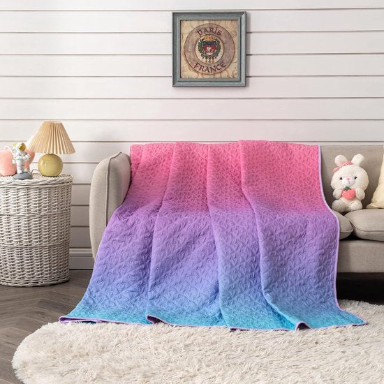 Roze gewatteerde deken, eenpersoons spreien, gradiënt blauw roze beddengoed sets voor meisjes, hartvormige deken het hele seizoen voor tienermeisjes en vrouwen, 150x200 cm